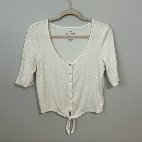 American Eagle White Short Sleeve Button Down Shirt Tie Front Women’s Size Large - Picture 1 of 5